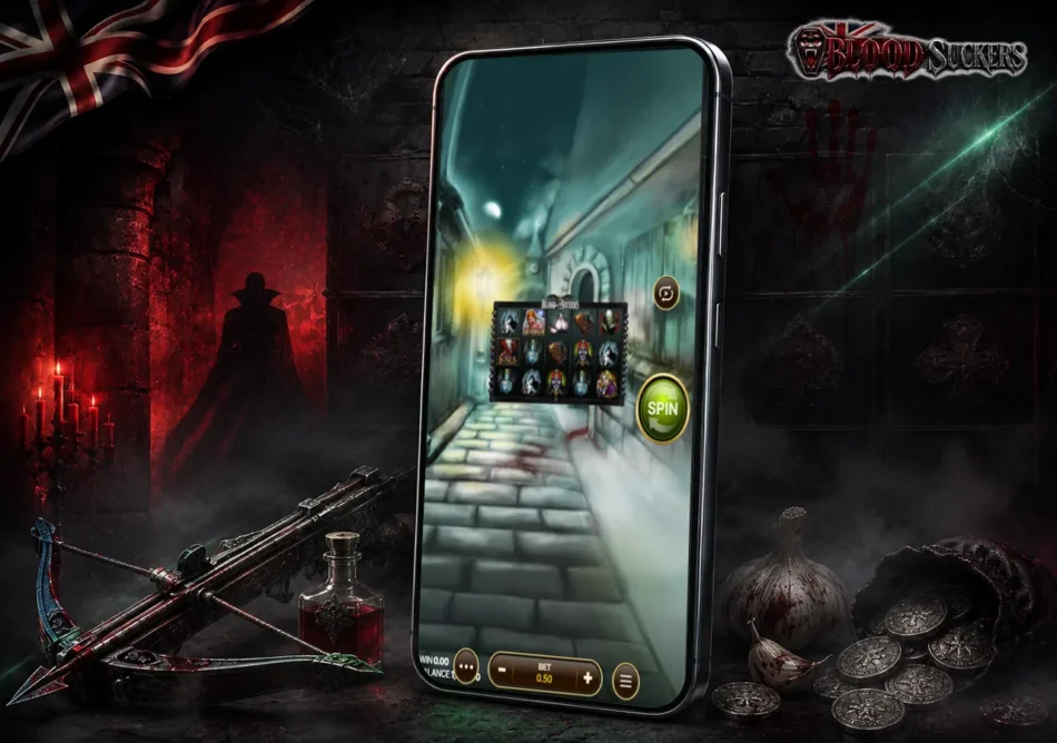 Blood Suckers mobile view with a smartphone, crypt fog and the moody atmosphere of a classic vampire slot