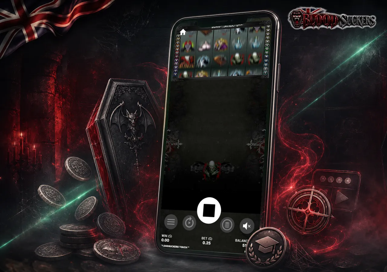 Blood Suckers demo mode with smartphone, virtual credits and the slot’s familiar dark gothic setting