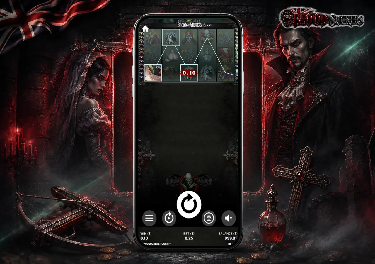 Classic slot gameplay on smartphone with gothic styling, dark visuals and elegant old-school reel design