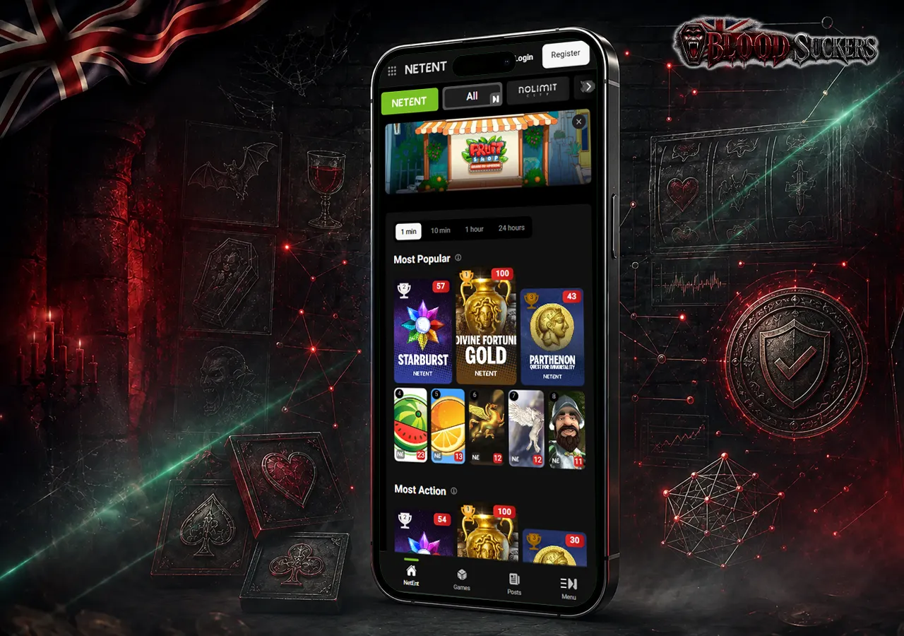 Blood Suckers studio overview with smartphone, game tiles and visual cues of verified slot mechanics