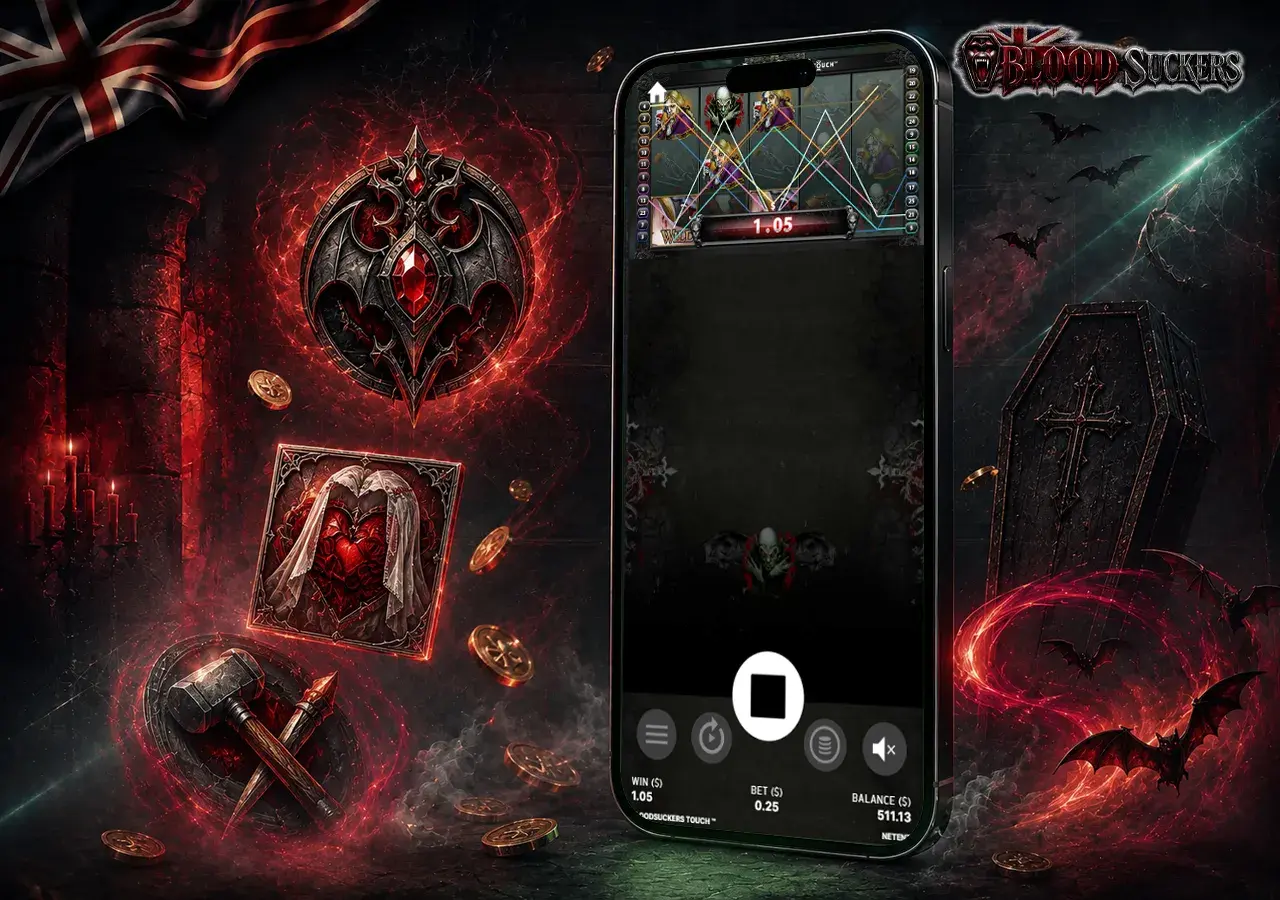 Bonus feature highlights with smartphone, wild cues, coffin round visuals and a dramatic bat swarm effect